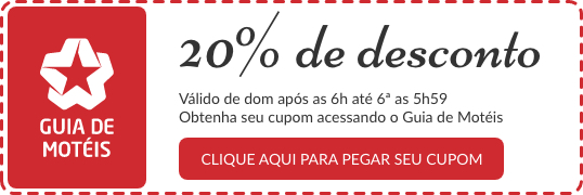 20% de desconto, Válido de dom após as 6h até 6ª as 5h59 Obtenha seu cupom acessando o Guia de Motéis. clique aqui para pegar seu cupom